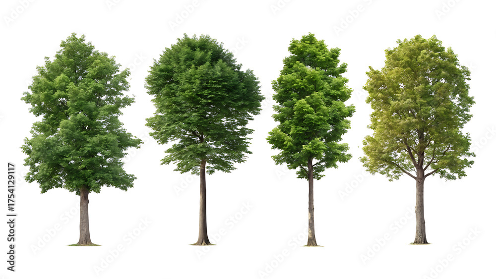 Obraz premium A collection of diverse green trees isolated on a clean white background,