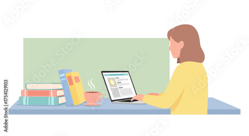 Dedicated young woman working or studying from home, deeply focused on her laptop screen. She is engaging in remote professional development or online learning at her tidy desk with books and coffee