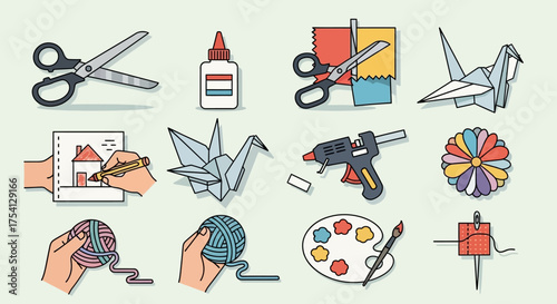 Creative hobby and handmade crafting icon set featuring tools for art projects and do-it-yourself activities