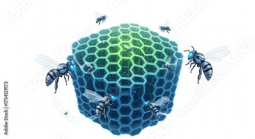 Illustration of a futuristic beehive with honey bees flying around it for beekeeping concepts and apiary art