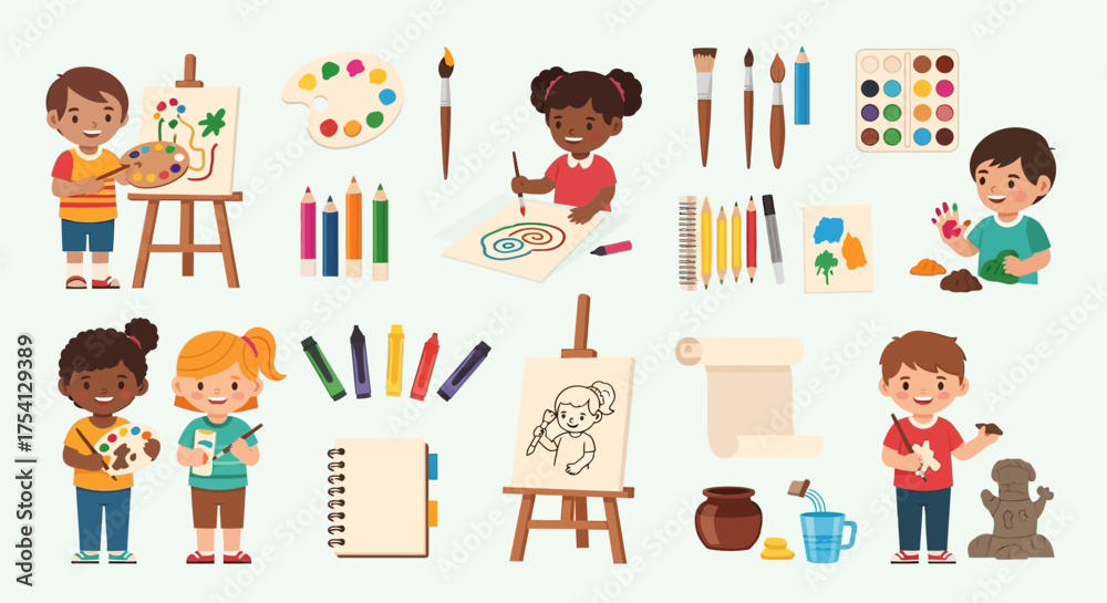 Fototapeta premium Children Creating Art and Craft Projects with Various Supplies, Including Drawing, Painting, and Coloring