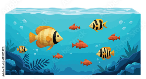 Vibrant Cartoon Fish Swimming in a Blue Water Aquarium with Underwater Plants and Bubbles Illustration