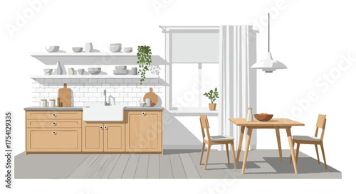 Serene Scandinavian-Style Kitchen Interior with Natural Light and Minimalist Décor Displaying a Harmonious Balance of Functionality and Aesthetics