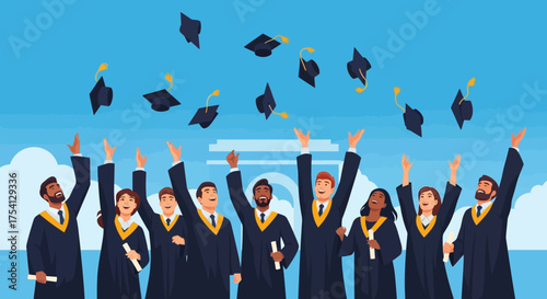Joyful graduates celebrating their academic success, tossing caps high into the air against a campus backdrop, marking a significant milestone
