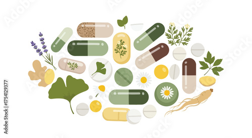 Botanical Blend: A Colorful Compilation of Herbal Remedies and Natural Supplements, Presented Against a Clean White Backdrop for Health and Wellness