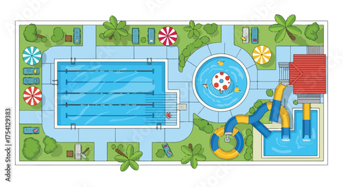 Stylized aerial illustration showcasing a recreational aquatic center with swimming pools and slides evoking summer fun