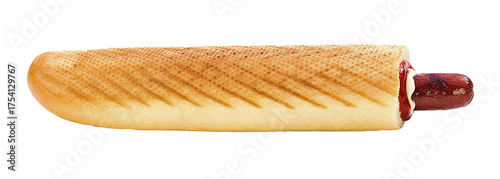 French hot dog with grilled sausage and sauce isolated on black
