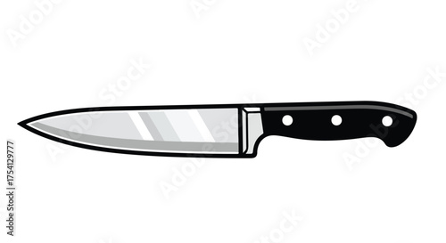 Illustration of a sharp kitchen knife with a black handle and a shiny blade ideal for culinary projects and designs