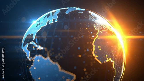 Digital globe illuminated by bright light and glowing data points with vibrant continents, creating futuristic earth network