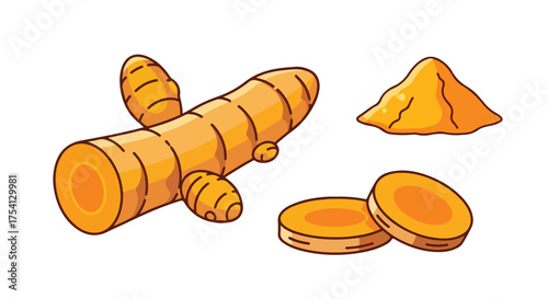 Vibrant turmeric rhizome with sliced segments and a mound of powdered spice illustration for healthy culinary use