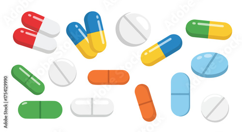Colorful array of pharmaceutical capsules and tablets, showcasing diverse medication formats for healthcare concepts and treatment options