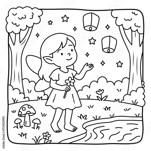 Fairy by the River with Lanterns Coloring Page | Enchanted Forest Hand-Drawn Scene