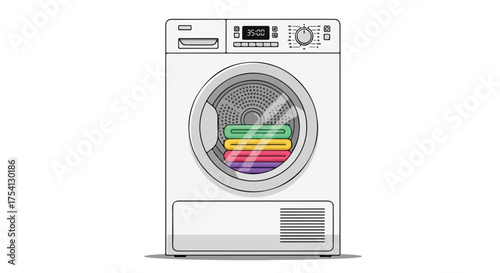 Modern clothes dryer with laundry inside, displayed in a minimalist graphic style showcasing contemporary appliance aesthetics and household
