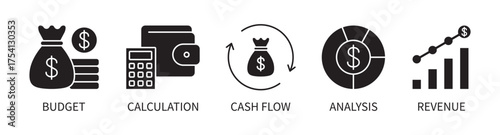 Budget step icons. Step signs consist of budget, calculation, cash flow, analysis, and revenue in silhouette style on a white background. Vector illustration