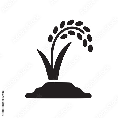 Illustration of a rice plant growing from the soil on a white background in a minimalist style