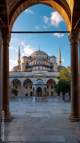 Blue Mosque in Istanbul, framed by ornate stone arches in courtyard, golden sunlight, vibrant blue sky, detailed domes and minarets, historic Islamic architecture
