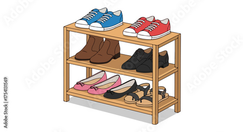 Organized Footwear Array on Shelves: A Diverse Selection of Shoe Styles Arranged Neatly for Displaying or Storage