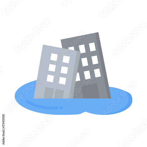 Flooded buildings. Natural disaster, environment, damage, danger concepts. Flat vector design isolated illustration.