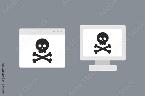 Computer screen and browser with warning error alert icon. Technology, virus, internet problem, malware, hacking, scam, fraud concepts. Flat vector design isolated illustration.