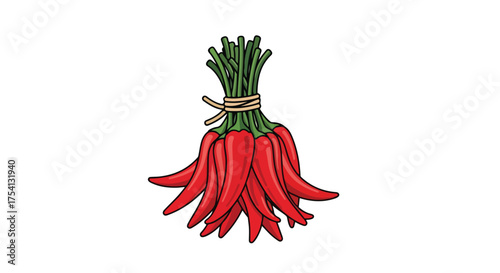 A vibrant hand-drawn bunch of red chili peppers, bound together with twine, against a crisp white backdrop displaying nature's fiery spice in