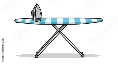 Stylized illustration showcasing an iron resting atop a striped ironing board against a white backdrop