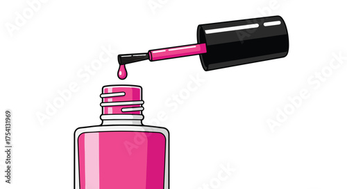 A vibrant nail lacquer artwork, illustrating a pink polish drop poised above an open bottle, suggesting beauty and self-care routine