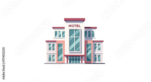 Modern Hotel Building Facade Illustration with Flat Design and Clean Lines Depicting Accommodation and Hospitality Services