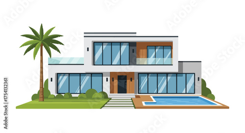 Stylized Architectural Illustration of a Modern Two-Story House with Pool and Palm Tree Depicting Comfortable Residential Luxury