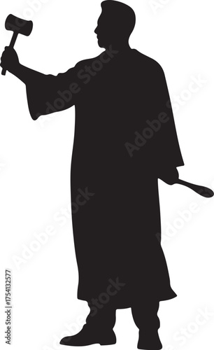 Silhouette of a judge in robes holding a gavel and sounding block