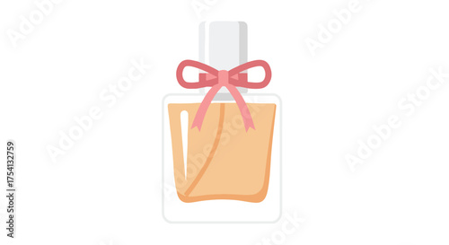Elegant fragrance depiction showcasing a minimalist glass bottle adorned with a pastel bow, filled with a light amber essence on a white background