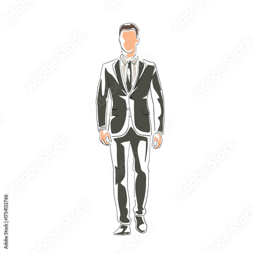 Business man walking forward, front view. Man in formal suit. Line art isolated vector illustration