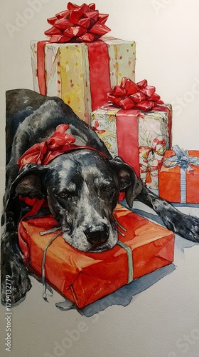 A black dog with a red bow rests on colorful gift boxes. The scene captures a festive atmosphere, perfect for holiday celebrations.