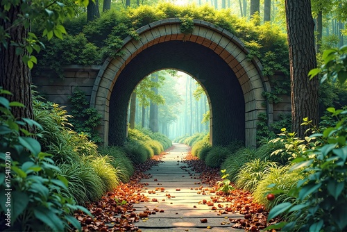 Forest Tunnel with Leaf-Covered Pathway and Trees Around