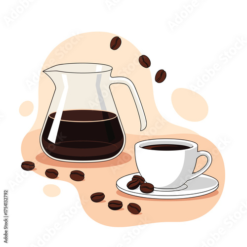 Enjoying a fresh cup of hot coffee poured from a clear glass carafe with coffee beans scattered around the surface.