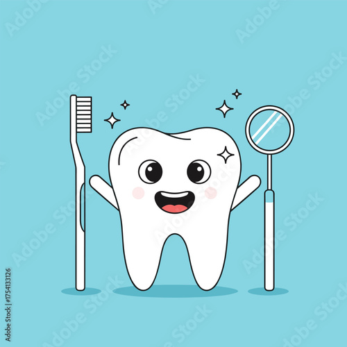 A happy cartoon tooth smiling with a toothbrush and dental mirror.