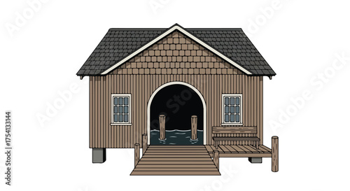 Illustration of a quaint wooden boathouse, evoking a sense of calm and lakeside serenity with its classic design and waterfront architecture