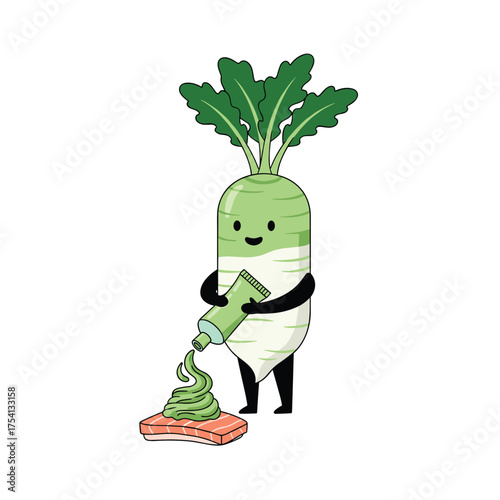 A happy daikon radish character is squeezing green paste from a tube onto a piece of salmon.