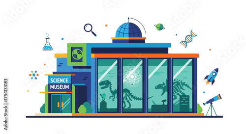 Illustration of a Vibrant Science Museum Building with Educational Icons and Exhibits Displayed Behind Glass Panes
