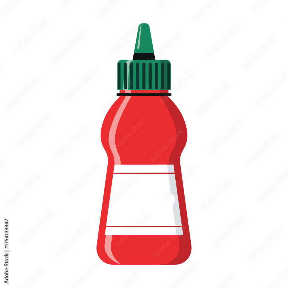 Obraz premium Spicy red chili pepper hot sauce in a squeeze bottle with a white label.