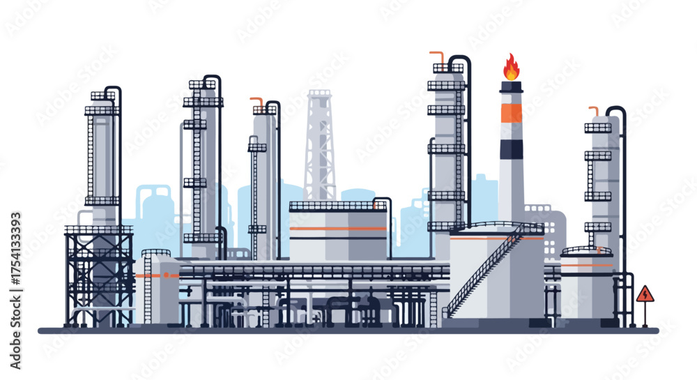 Obraz premium Stylized vector illustration showcasing an industrial complex with refineries and pipelines against a muted backdrop highlighting technological