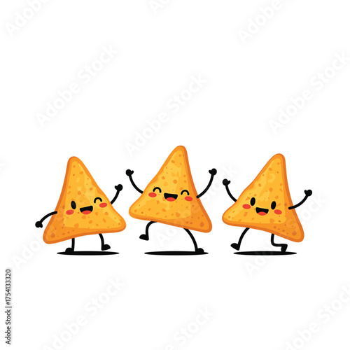 Cute animated tortilla chips having fun dancing together on a white background.