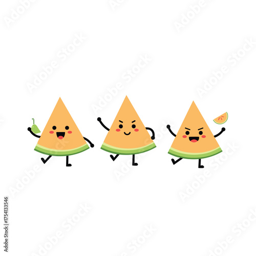 Three cute cartoon cantaloupe slices dancing happily together on a white background.