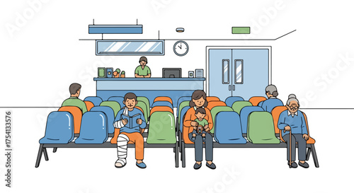 Diverse patients populate animated medical waiting room with staff, illustrating healthcare access and community wellness awaiting care calmly