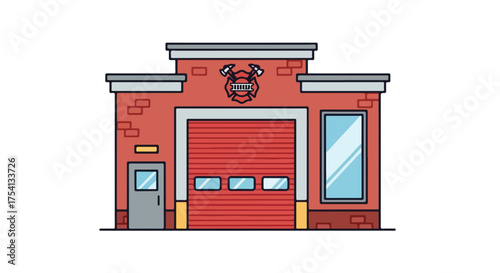 A quaint fire station illustration showcasing rescue services and community safety depicted in a charming cartoon style building with emergency