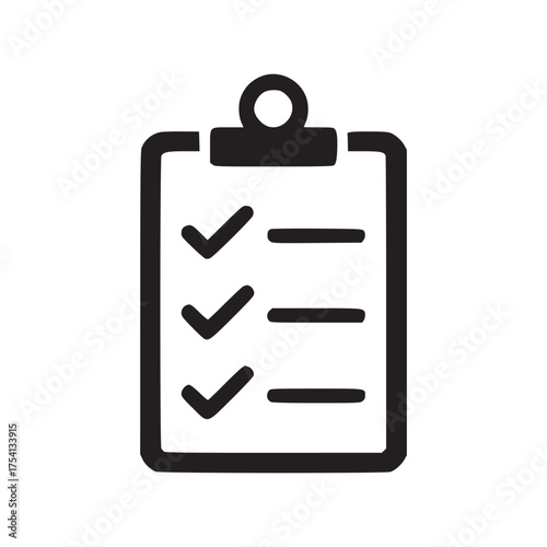 A clipboard with three checkmarks and three lines displayed on a white background in a simple style
