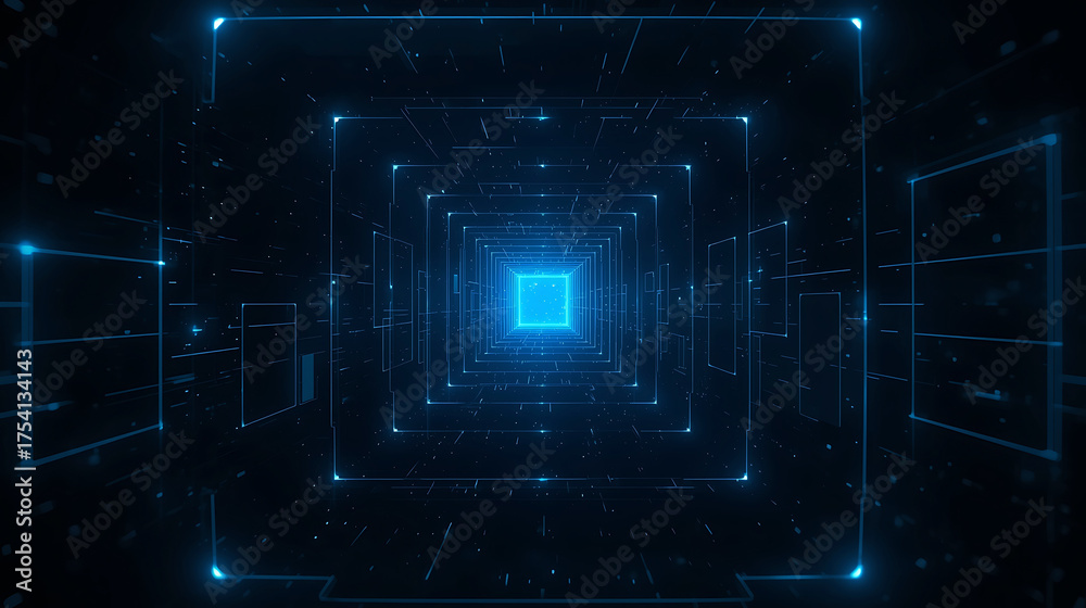 Fototapeta premium Abstract blue tunnel with glowing lines and geometric shapes for futuristic concept