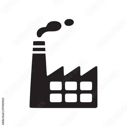 A simple dark blue factory icon with smoke coming from the chimney on a white background image art