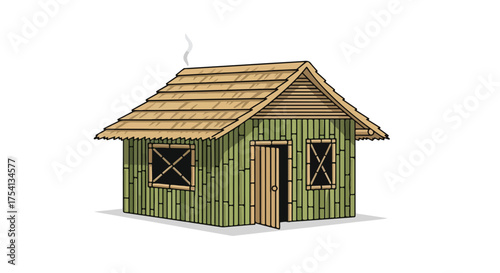Rustic Bamboo Hut Illustration with Open Door and Smoking Chimney Against a White Background Depicting Rural Lifestyle and Simple Living
