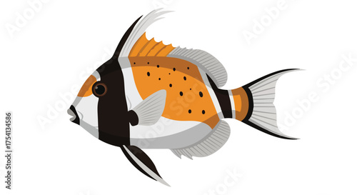 A digitally illustrated heniochus acuminatus fish with bright coloration and patterned markings against a clean white background