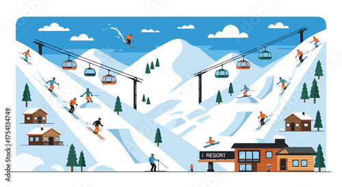 Vibrant winter ski resort scene illustration with skiers, snowboarders, and gondola lifts among snowy mountains scenery
